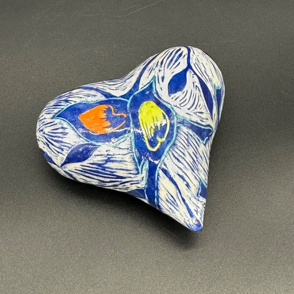 Art Pottery Heart Blue Floral Accent Decor Handmade Orange Yellow Flowers